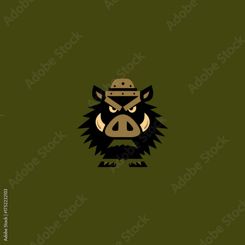 Stylized wild boar with helmet on a green background