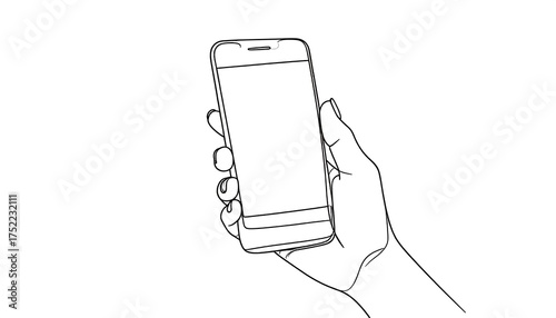 A minimalist black and white line drawing depicts a hand holding a smartphone. The phone has a blank screen. The hand's lines are clear