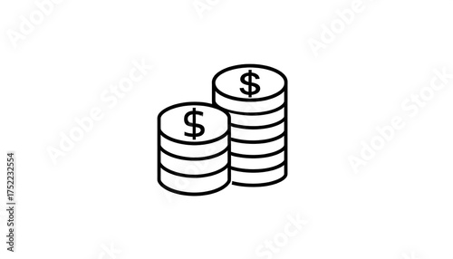A minimalist black and white line drawing of two coin stacks, one slightly taller than the other, each with a dollar sign