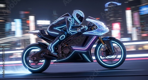 Futuristic motorcycle with glowing neon lights speeding through a modern city at night.