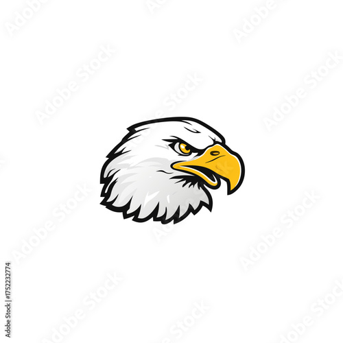 Powerful white eagle head illustration vector graphic. Fierce predatory bird mascot emblem with yellow beak and determined eyes.