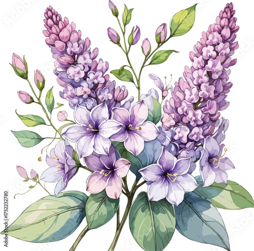 A hand-drawn Lilac flower  illustration, Vintage Botanical Style