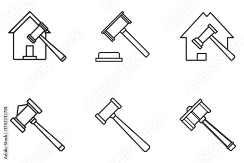House auction and legal decision making process depicted in minimalist line art icons property foreclosure concept illustration