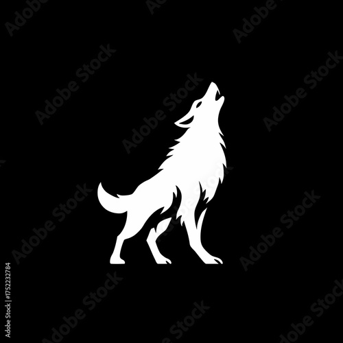 White wolf howling at the moon silhouette against black background