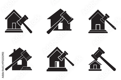 Illustrative Real Estate Auction Icons Set Depicting Home Sales and Legal Proceedings in Property Law