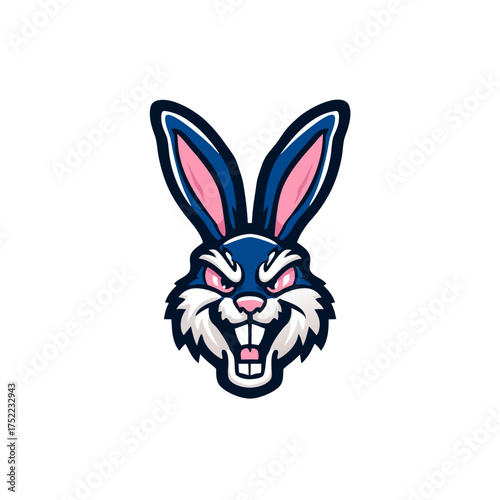 Aggressive blue rabbit head mascot vector illustration with bared teeth, fierce animal character design for sports or esports team logo