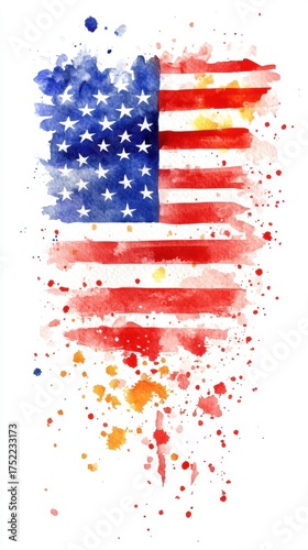 Watercolor american flag with vibrant paint splatters and patriotic colors
