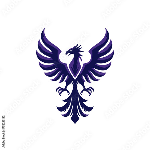 Majestic purple phoenix bird logo icon with powerful spread wings. Mythological fantasy creature, abstract vector graphic design element.