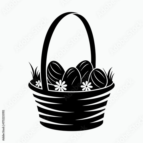 Easter basket filled with colorful eggs and flowers isolated on white background  