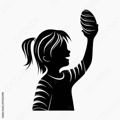 Girl holding dyed Easter egg with joy in silhouette style isolated on a white background    