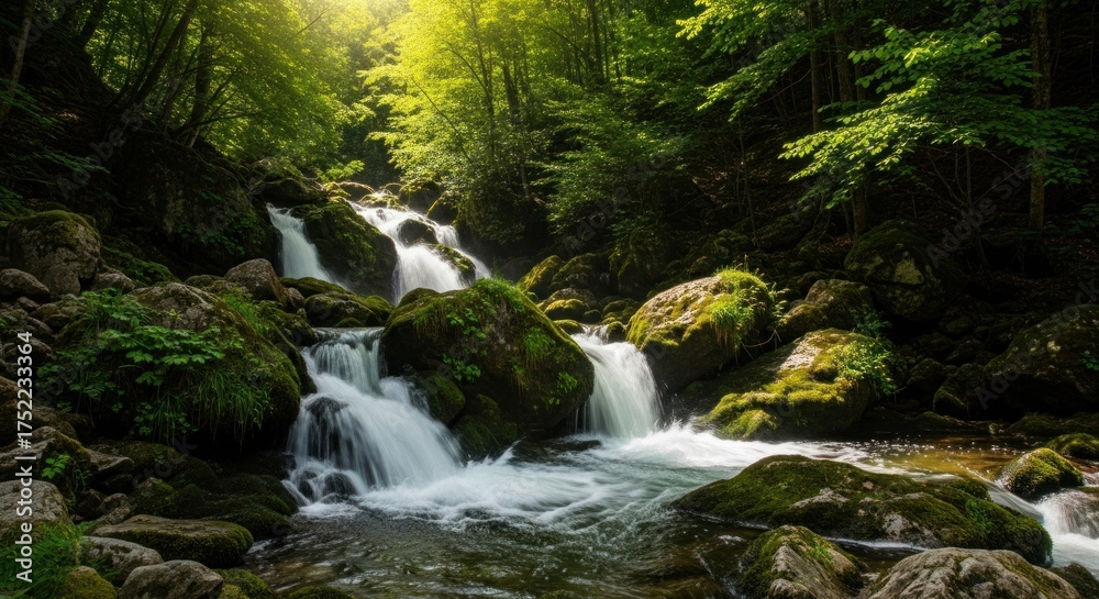 Fototapeta premium Cascading waterfall over mossy rocks in a lush, green forest, sunlit