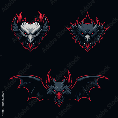 Aggressive mythical creature heads set: fierce griffin, eagle, and dragon-like bat mascots. Dynamic vector illustration for gaming and esports logos.