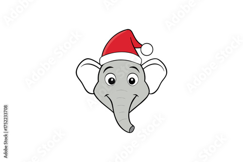 Elephant Head in Christmas Hat Outline Vector Illustration