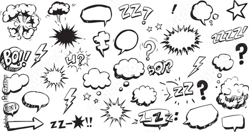 Collection of hand drawn comic book style speech bubbles sound effects and action elements in black and white