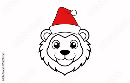 Cute Lion Head in Christmas Hat Outline Vector Illustration
