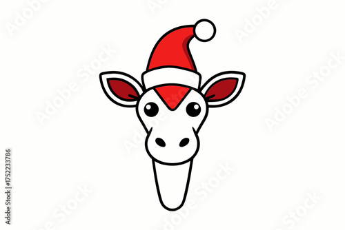 Giraffe Head in Christmas Hat Outline Vector Illustration