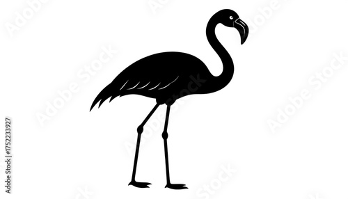 A minimalist black silhouette of a flamingo stands gracefully on a stark white background, highlighting its distinctive curved neck and long legs