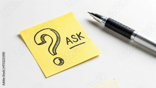 Yellow sticky note with question mark and Ask next to pen