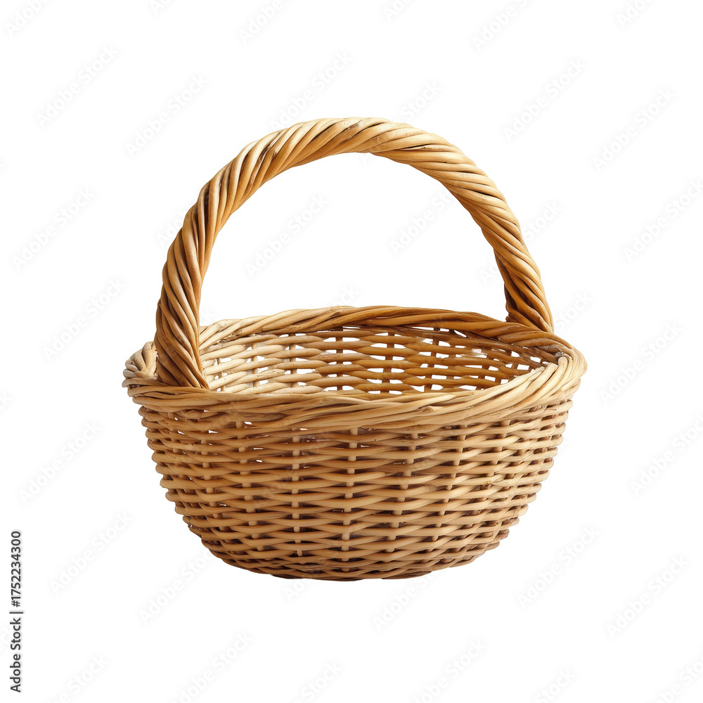Obraz premium Woven basket, round, tan, with handle arching, isolated