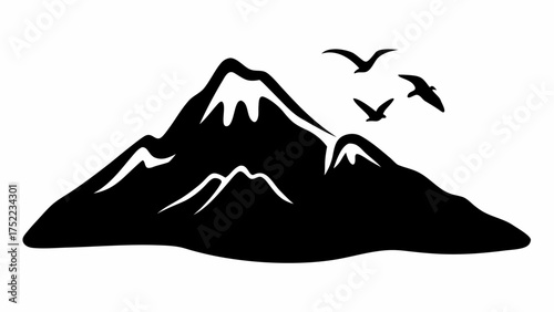 Silhouette of a mountain range with snow capped peaks and birds flying above on a clear white background