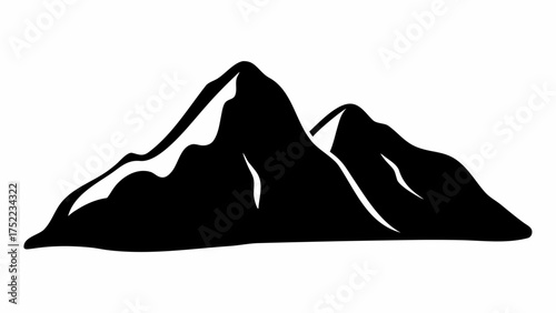 Silhouette illustration of two mountains with snow caps in black and white landscape scenery design