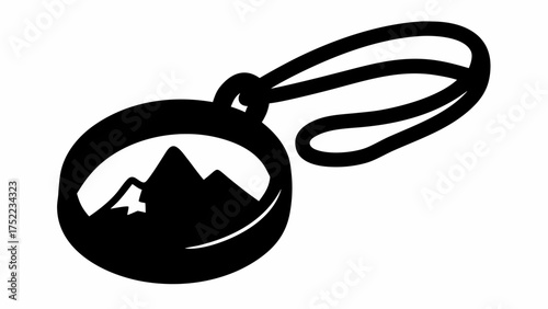 Illustration of a black pendant with a mountain design inside and a black cord attached to the top
