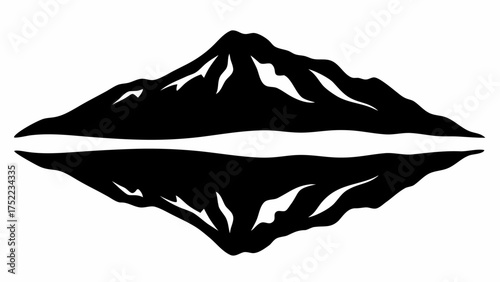 Black silhouette of a mountain with snow peaks reflected symmetrically on a white background surface