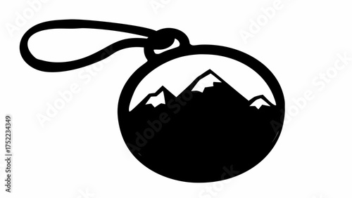 Ornament with a mountain range inside a circle hanging from a loop in black and white silhouette style