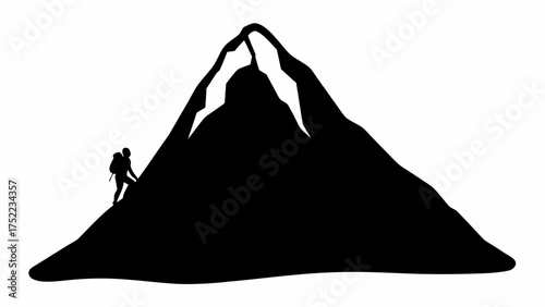 Silhouette of a climber ascending a large mountain with snow capped peaks against a white background view