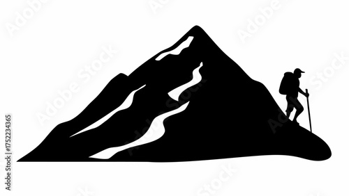 A silhouette of a mountain with snow and a hiker climbing up the side with a backpack and hiking stick