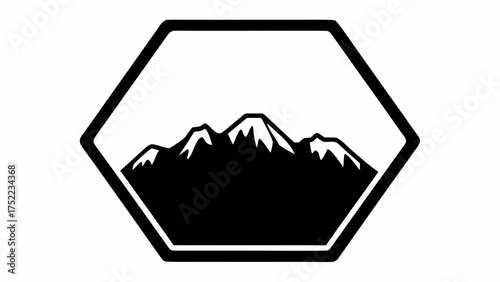 Black and white mountain range silhouette inside a hexagon frame with rounded corners design element