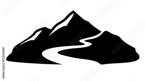 Illustration of a mountain range with a winding path in black and white simple mountain design style art