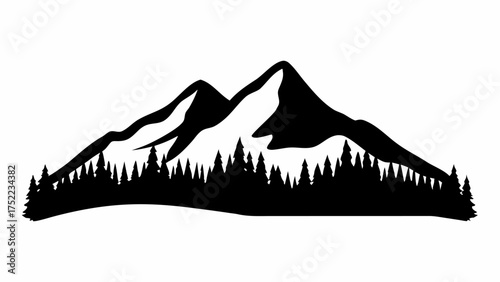 Silhouette of mountains with snow caps and a forest of pine trees at the base in black and white design