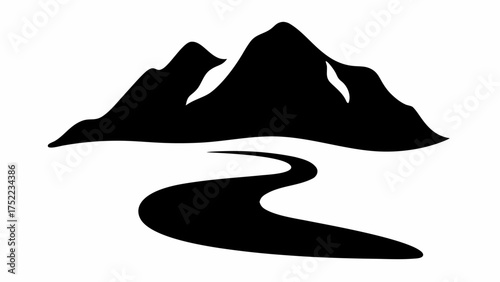 Illustration of a mountain range with a winding river flowing through the landscape in black and white