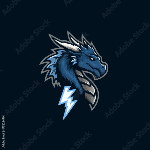 Fierce Blue Dragon Head Gaming Mascot Logo with Lightning Bolt Symbol, Mythical Creature Esport Design Vector