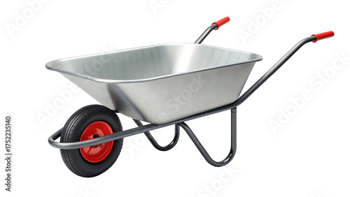 Shiny New Metal Wheelbarrow with Red Accents Isolated on Black Background Perfect for Gardening and Landscaping Projects
