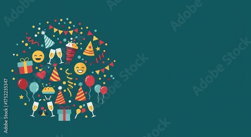 Vibrant party celebration with festive decorations and cheerful emojis on a teal background - perfect for invitations and event marketing materials