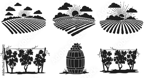 Black and white illustration of vineyards fields and wine barrel elements