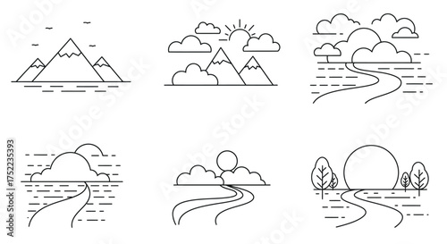 Minimalist landscape icons depicting mountains rivers clouds and trees