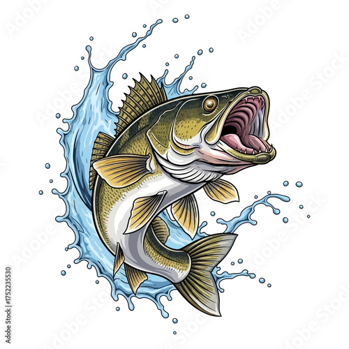 Jumping walleye fish with mouth open fishing hobby river lake sport illustration