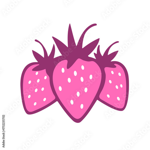 Illustration of three pink strawberries with purple stems and white seeds arranged together nicely here