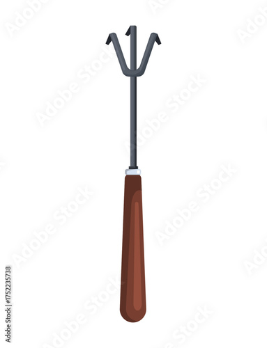 Hand cultivator with three curved metal prongs and a wooden handle, isolated on a white background. This  gardening tool is designed for loosening soil. Vector Not AI generated