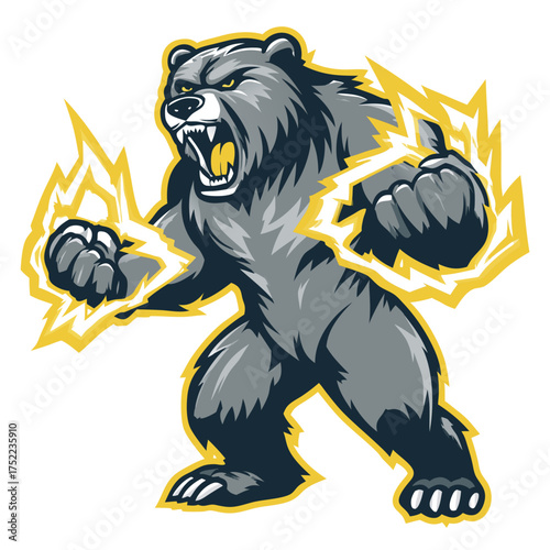 Powerful grizzly bear mascot roaring with electric lightning fists, aggressive wild animal vector illustration