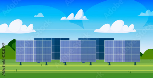 Ground-mounted solar panels installed in an open landscape under clear sky. Renewable electricity with zero emission concept. Vector Not AI generated