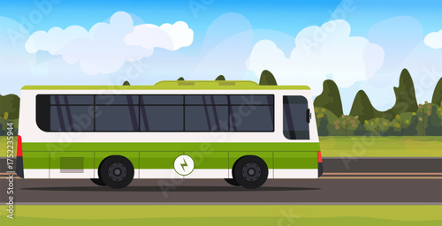 Eco-friendly transport. Green electric bus driving along a road in a suburban or rural setting. Sustainable transportation. Zero emissions. Vector. Not AI generated.
