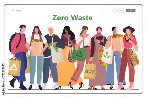 Zero Waste. Group of people standing side by side, holding reusable grocery bags. Modern concept for website development, social media, and web templates. Eco shopping concept. Vector Not AI generated