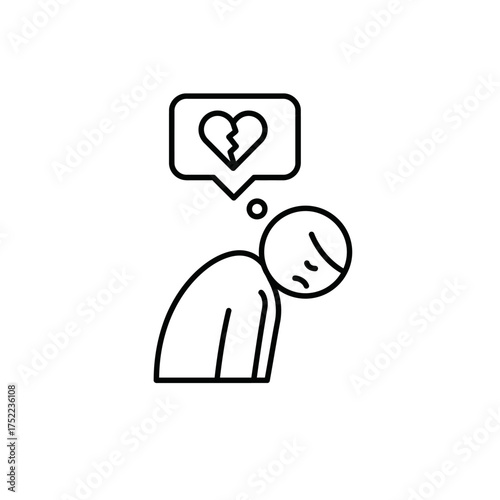 Line art icon of a heartbroken person feeling sad and depressed.