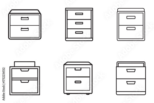 Office Furniture Drawer Cabinets Line Art Illustration for Interior Design and Workspace Organization projects vector set