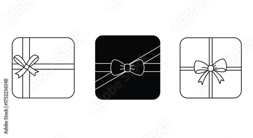 Three outlined gift boxes with bows simple black and white illustration