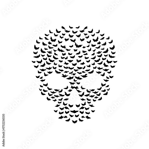 A haunting skull formed entirely from a swarm of flying bats, symbolizing darkness, transformation, and Halloween mystery.
